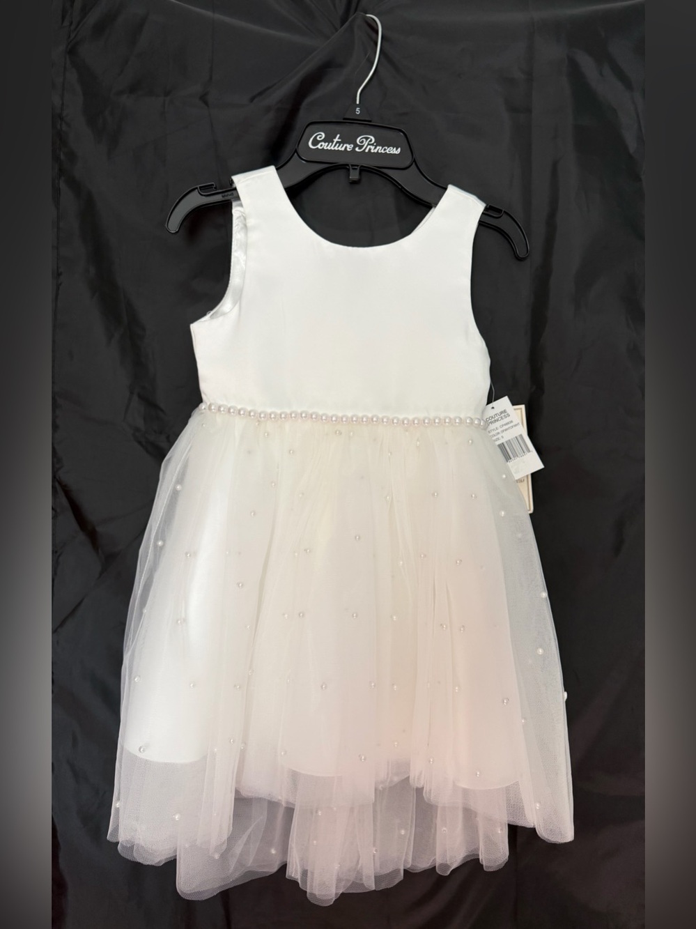 Girls' Couture Princess White Pearl-Trim Tulle Dress